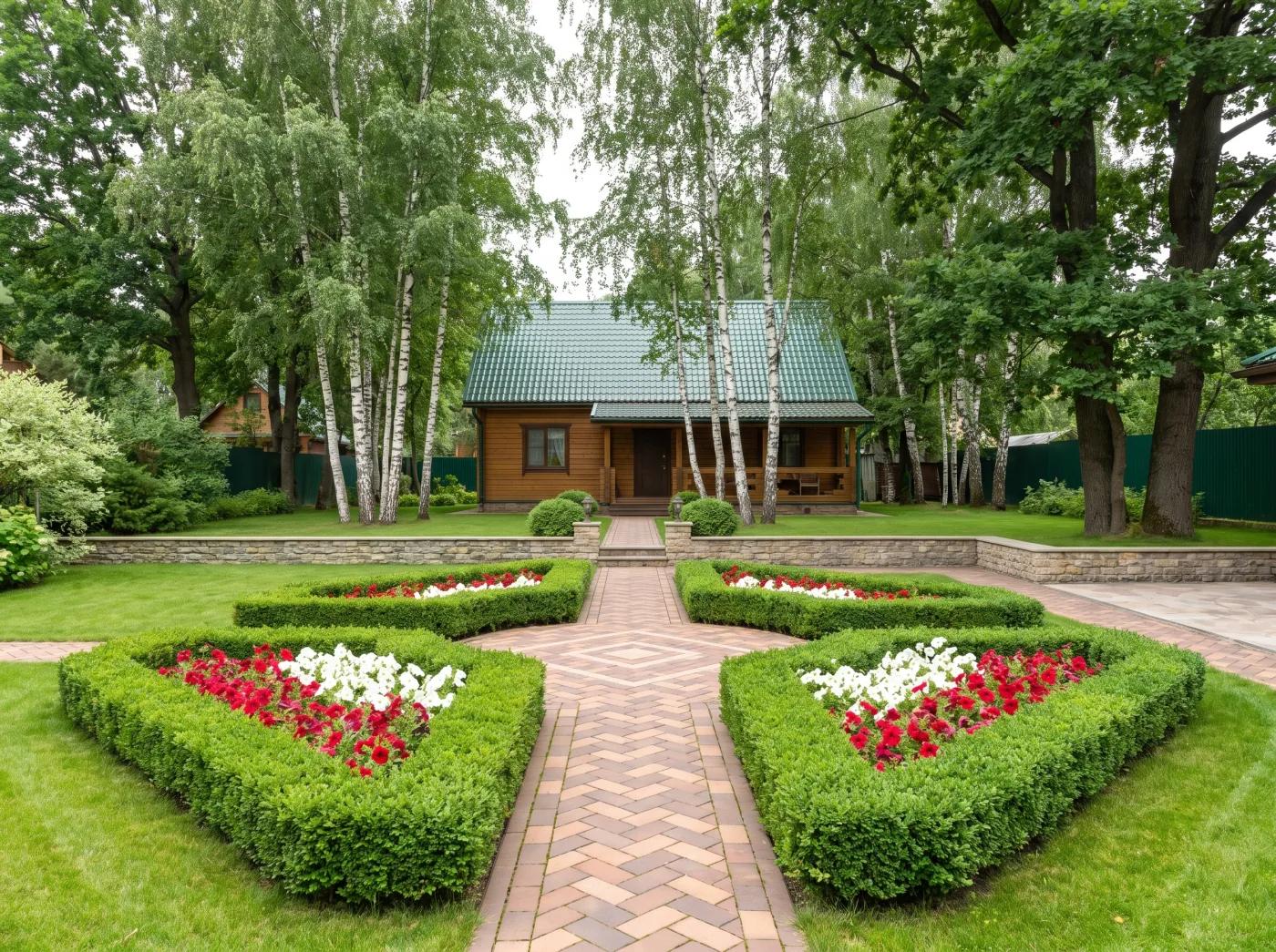 Благоустроенный участок с классическими дорожками и живой изгородью