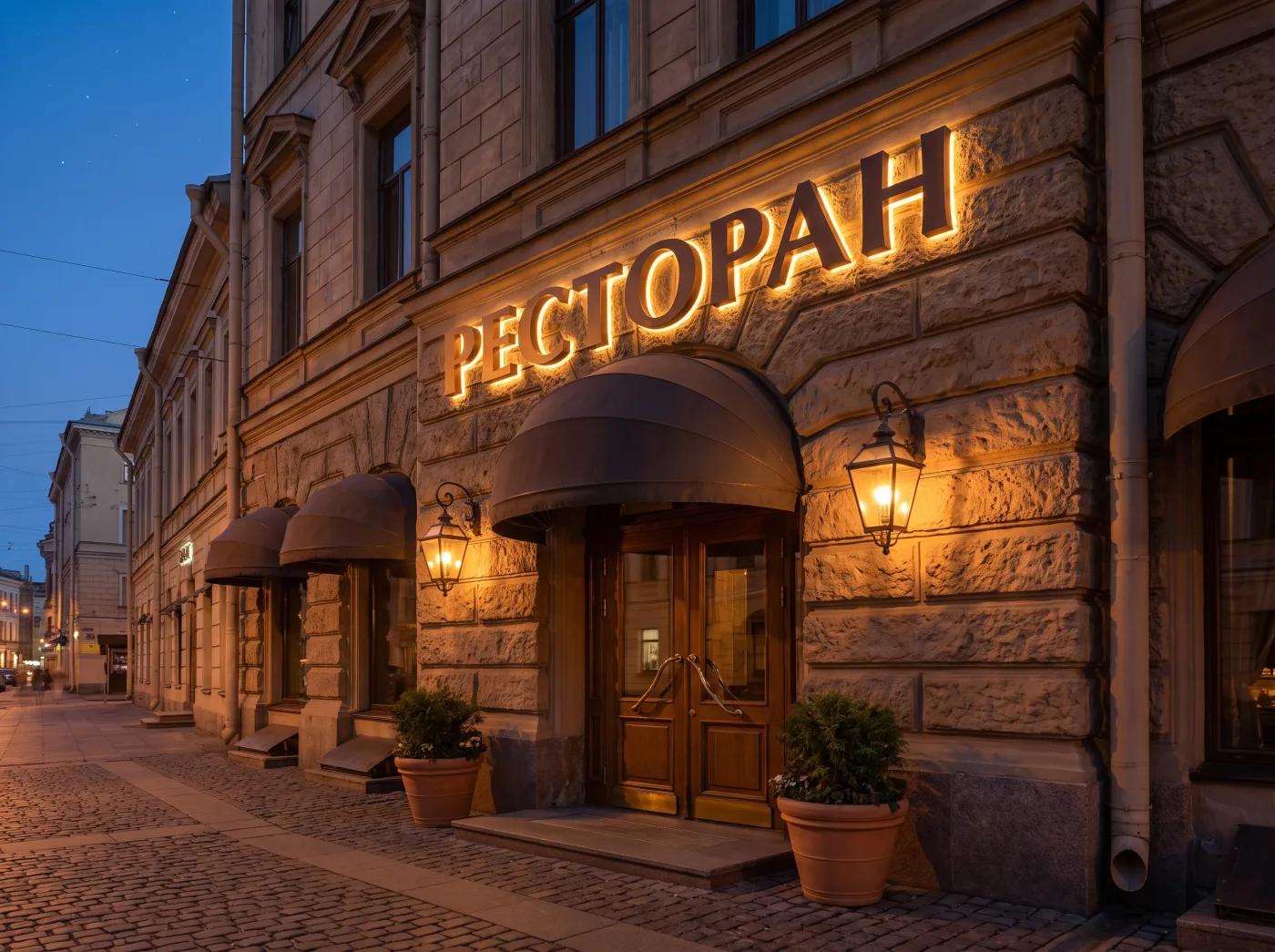 дизайн вывески ресторана — объёмные буквы, вечерняя подсветка, премиум