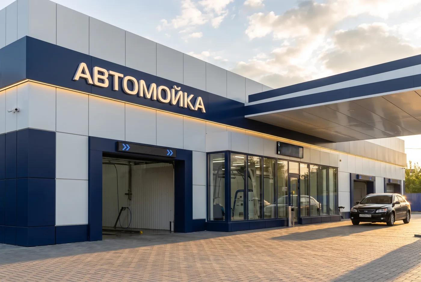 Портальная автомойка — бело-синие композитные панели АКП, панорамный бокс, вывеска АВТОМОЙКА, навес над въездом, AI-рендер