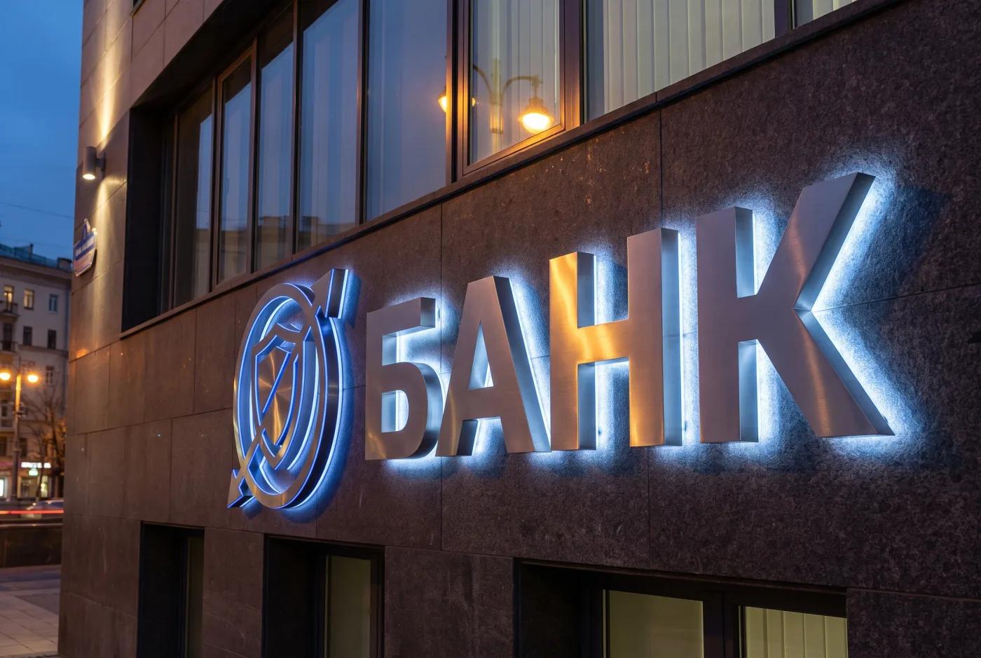 Крупный план вывески банка на фасаде: объёмные буквы БАНК с подсветкой и логотип банка с контражурной halo-подсветкой на облицованной стене