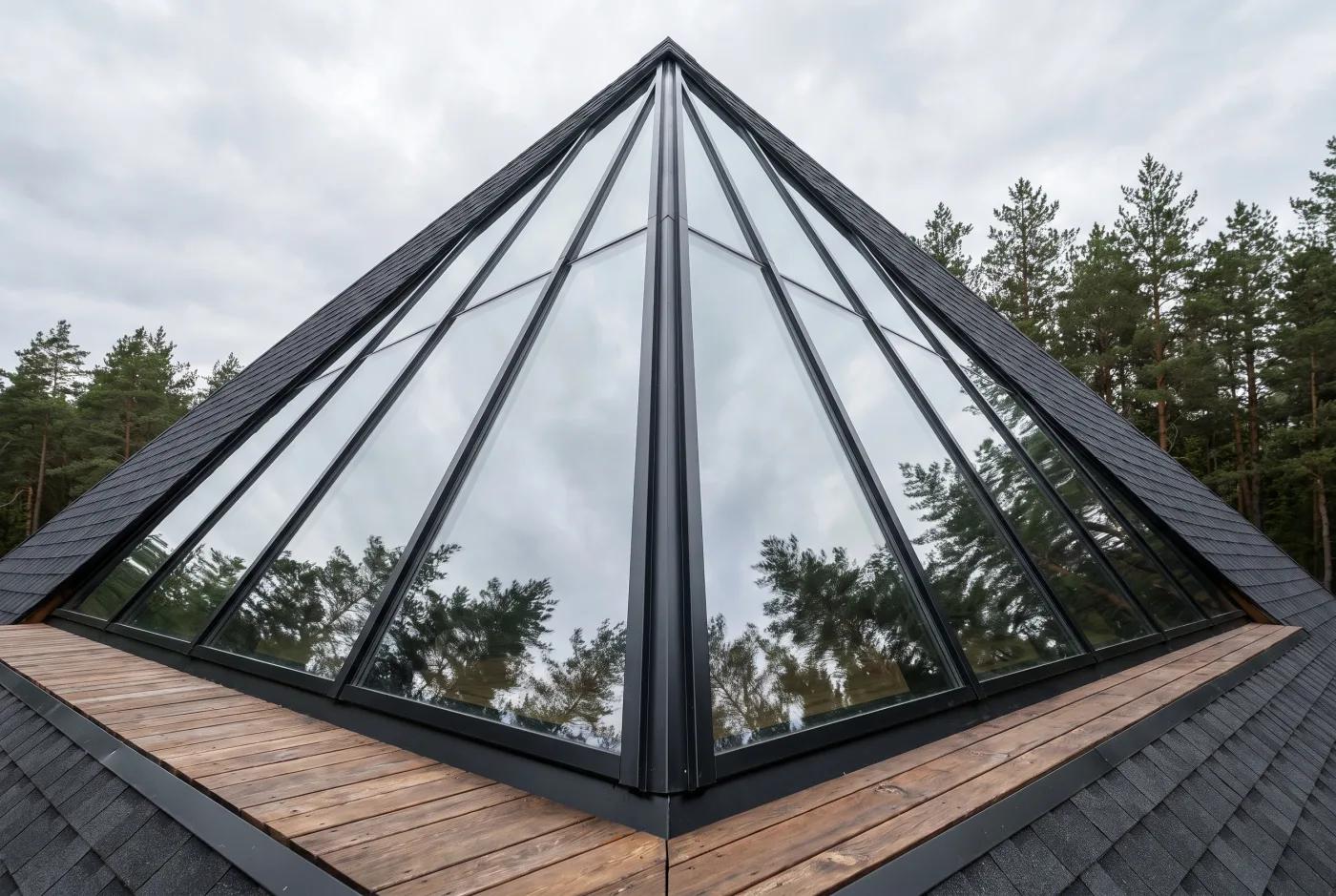 Остеклённый треугольный фронтон A-frame вблизи — панорама от пола до конька, тонкие чёрные рамы