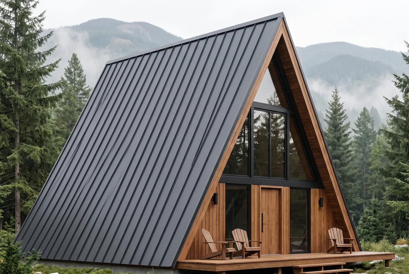 Дом A-frame с фальцевой кровлей на скатах — вертикальные рёбра фальца, остеклённый фронтон, деревянный планкен у входа