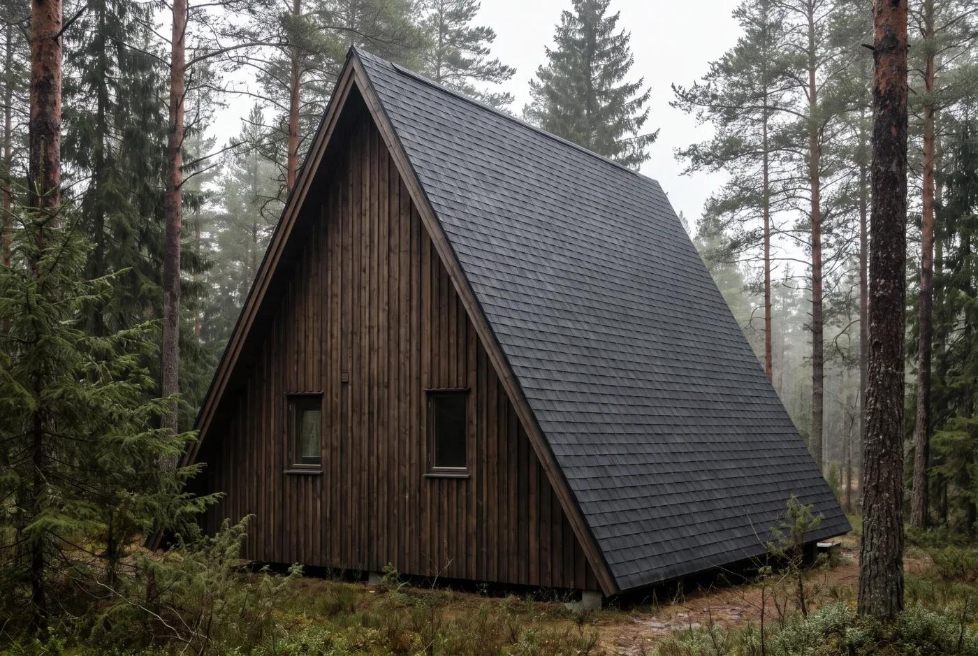 Задний глухой торец дома A-frame — треугольный фронтон обшит тёмным вертикальным планкеном, пара небольших окон
