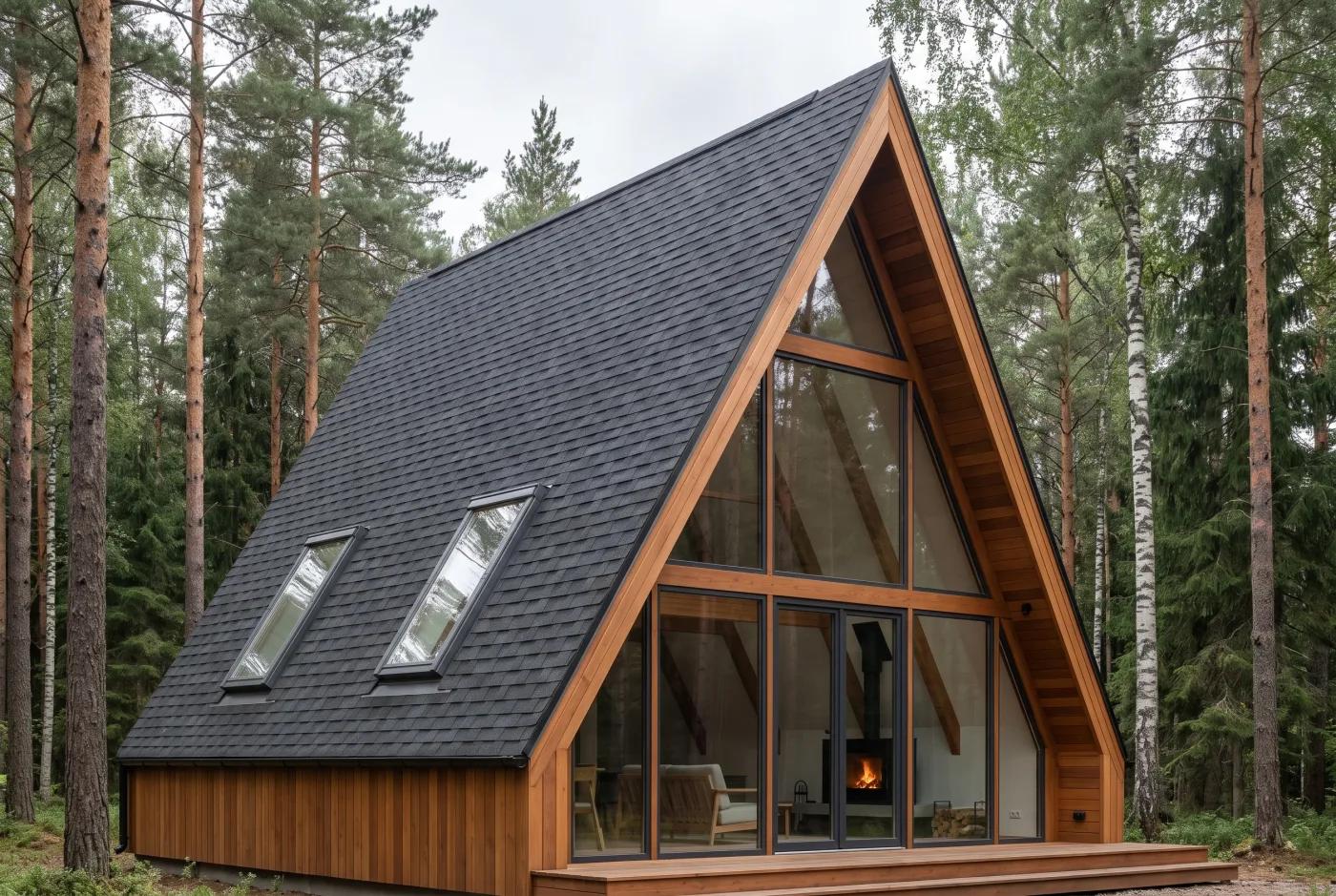 Дом A-frame с мансардными окнами на скате — световые люки в тёмной черепице, остеклённый фронтон
