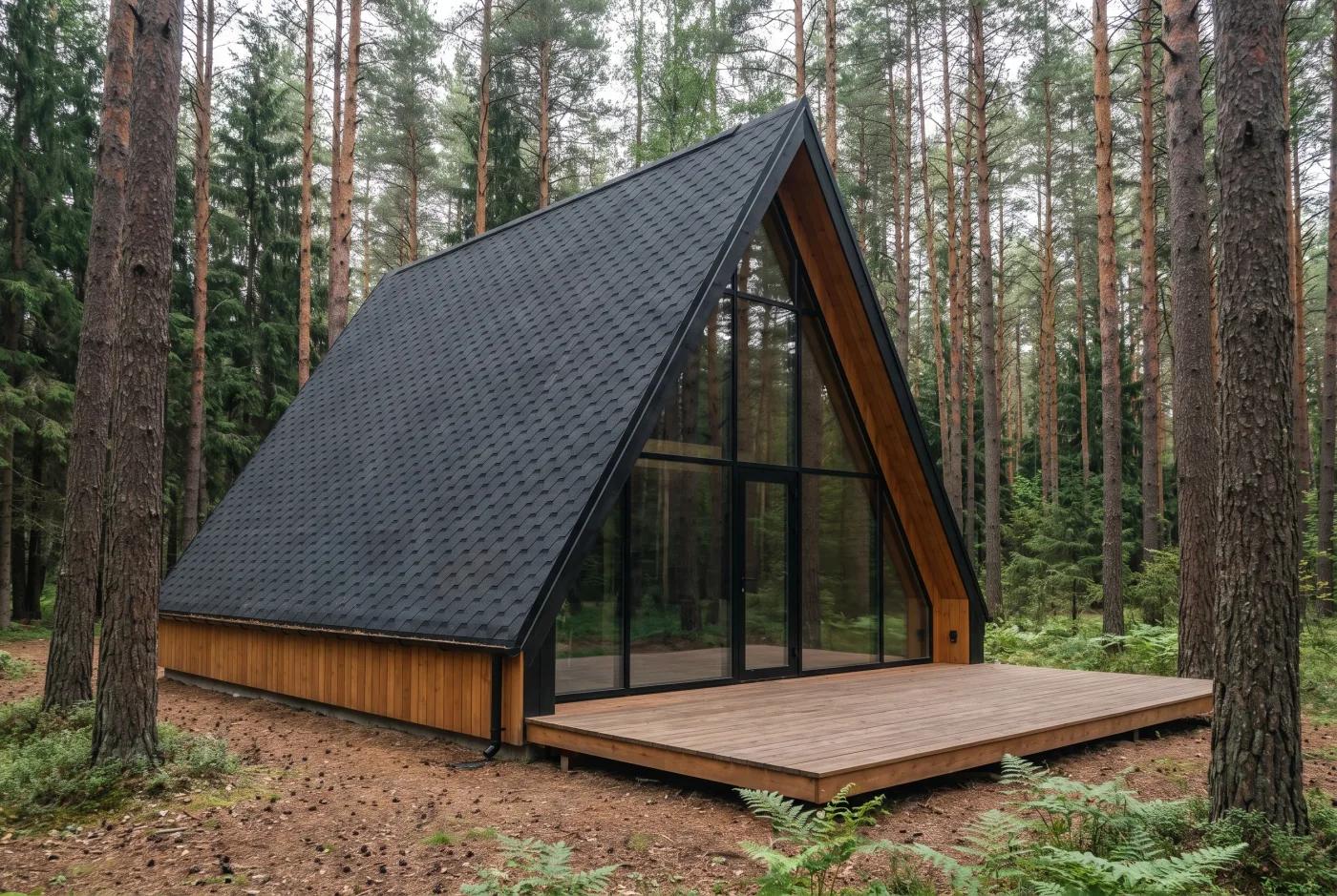 Дом A-frame со сплошным панорамным остеклением фронтона — тёмная гибкая черепица на скатах, терраса, лес