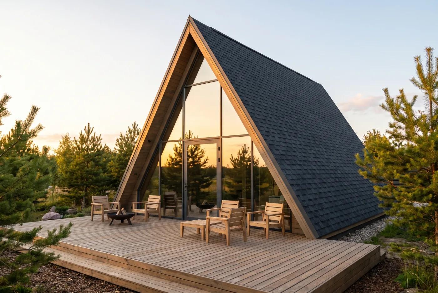 Дом A-frame с большой деревянной террасой перед остеклённым фронтоном — тёмные скаты, панорама
