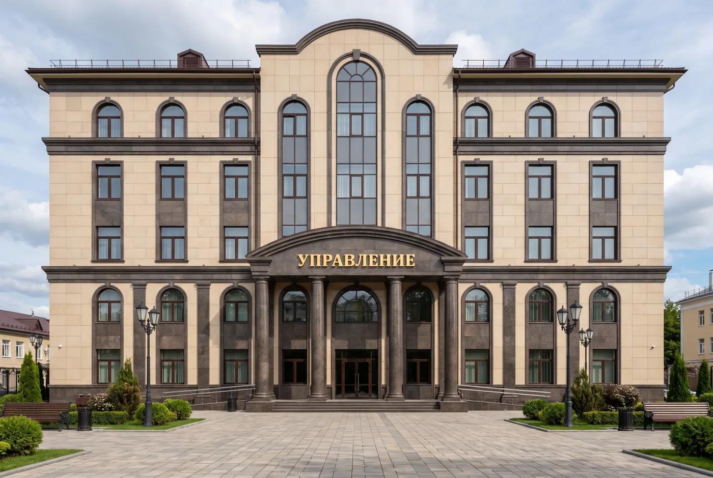 Офисное административное здание классический стиль — крупноформатный бежевый керамогранит, колонны входной группы, горизонтальные пояса, логотип УПРАВЛЕНИЕ, AI-рендер