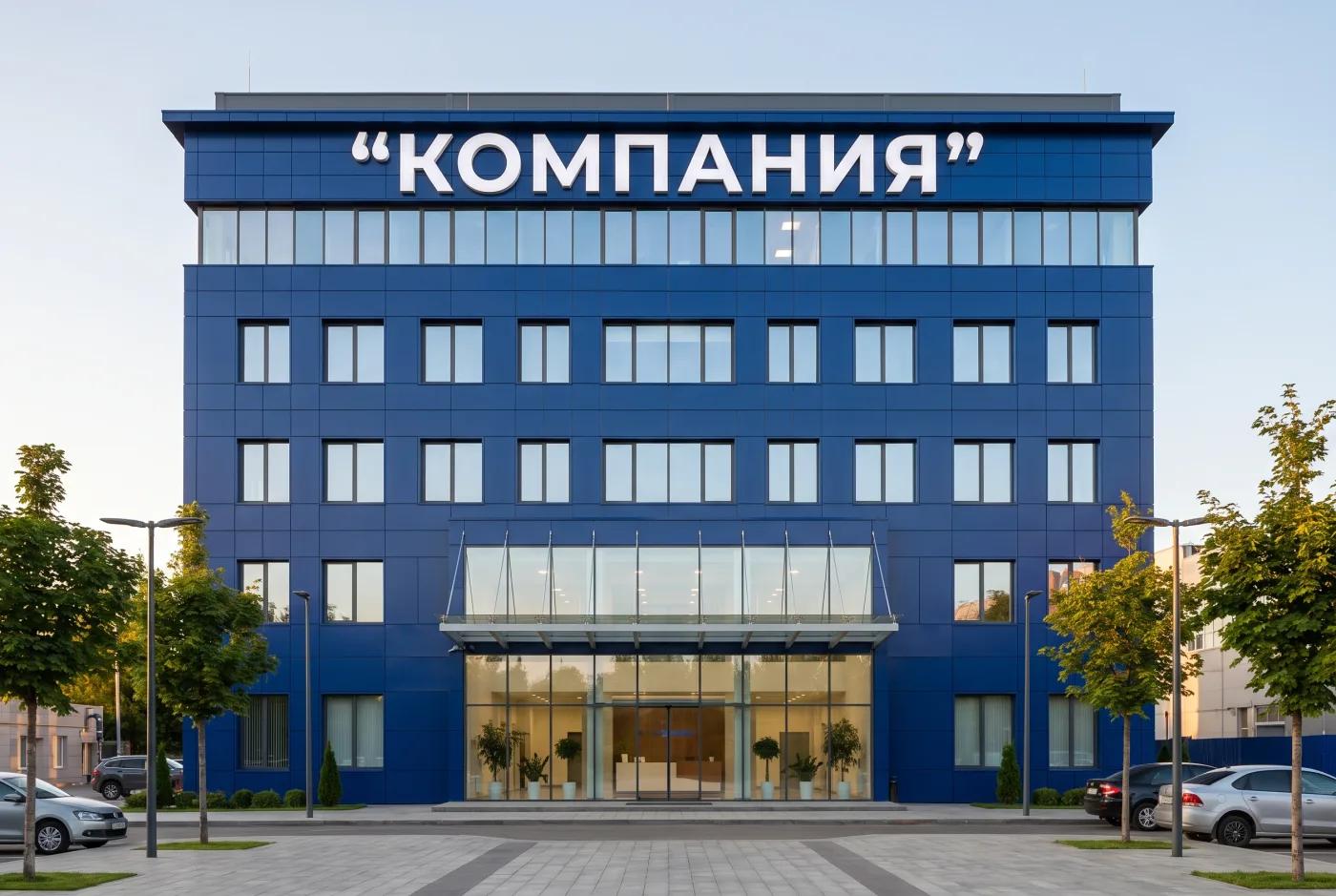 Офисная штаб-квартира корпоративный стиль — синий алюкобонд фирменного цвета компании, стеклянный вход-ресепшн, крупный логотип на фасаде, AI-рендер