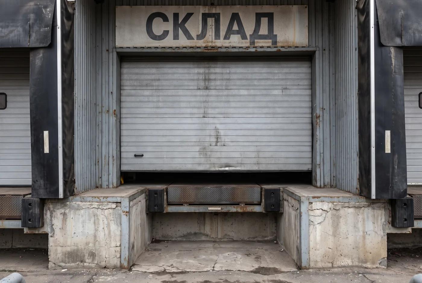 Секционные ворота склада с погрузочным доком и отбойниками — деталь фасада вблизи
