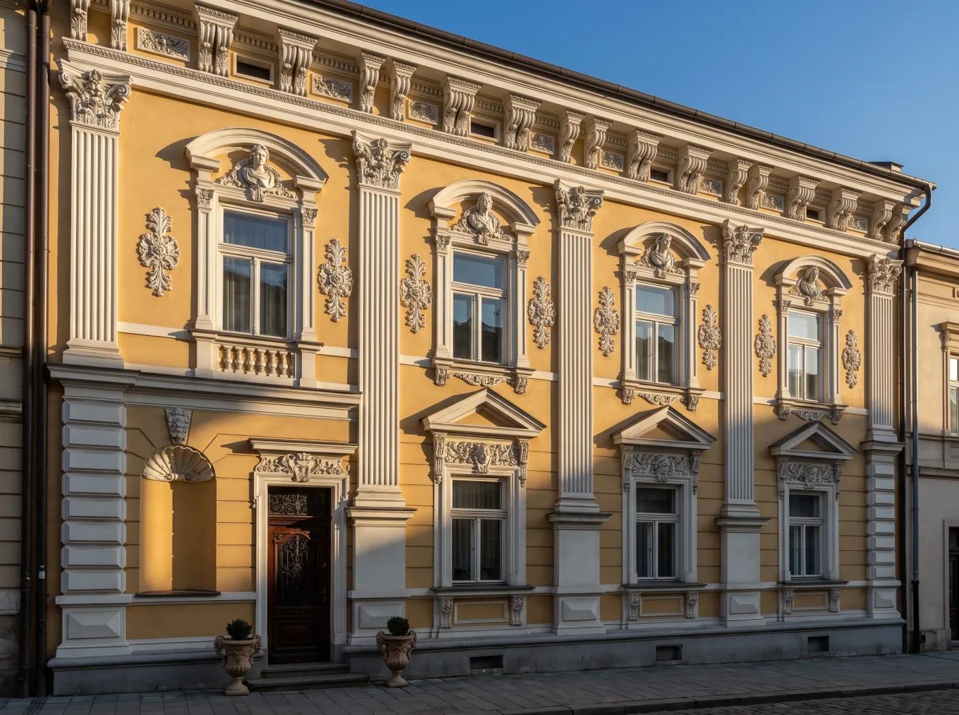 фасад дома с лепниной в стиле барокко — пилястры, карниз, замковые камни, богатый декор