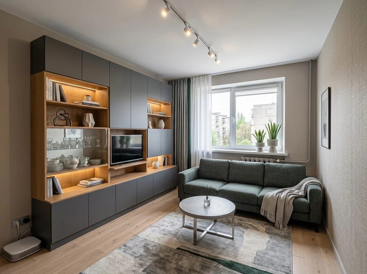 Комната 15 м² в панельной квартире, стиль контемпорари Комната 15 м² в панельной квартире после AI-дизайна в стиле контемпорари — окно, батарея под подоконником и встроенная стенка с подсветкой