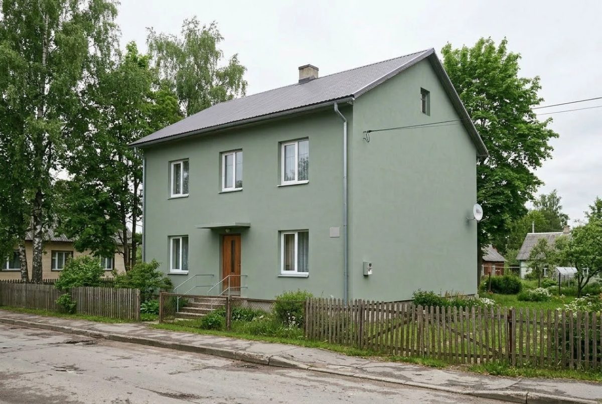 Частный дом, перекрашенный в приглушённый шалфейно-зелёный оттенок — результат примерки цвета по фото