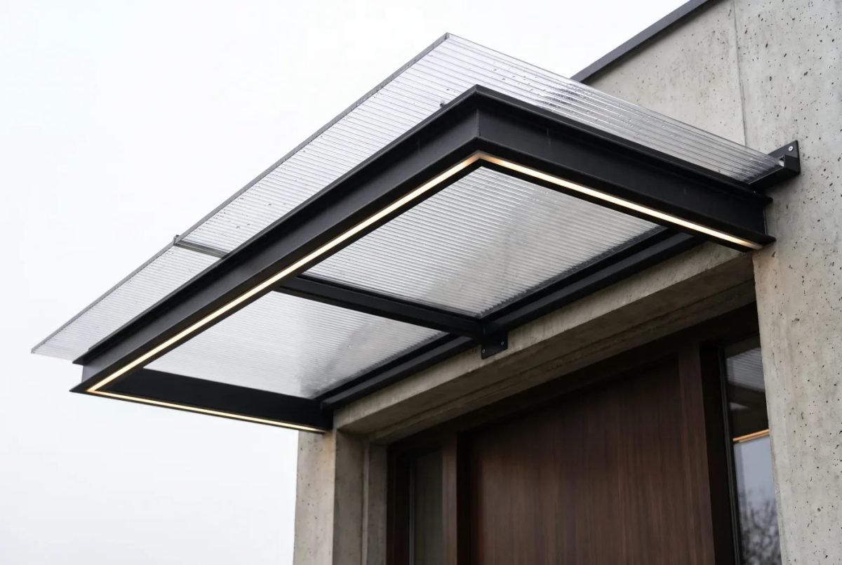 козырёк над входом крупным планом — чёрный металлический каркас, поликарбонат и скрытая LED-подсветка