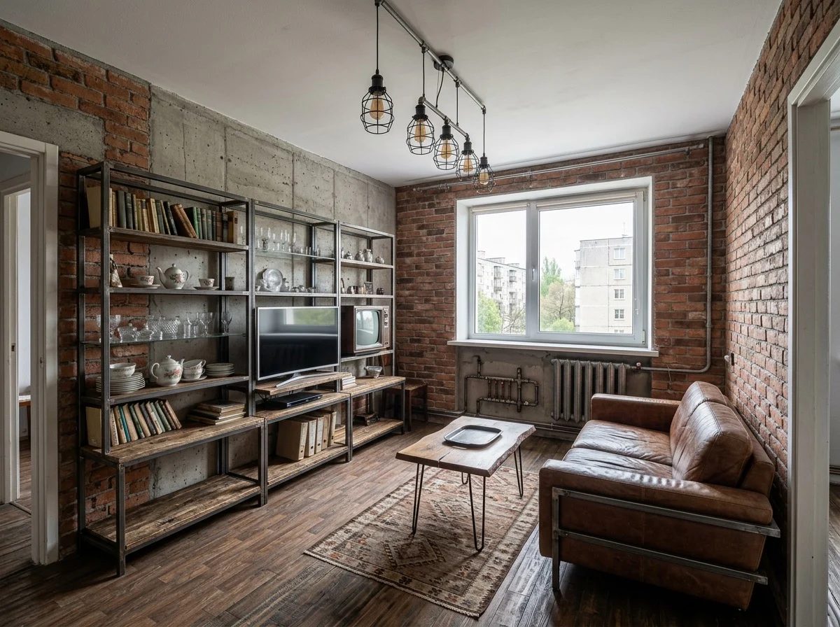 Комната 15 м² в стиле лофт — результат редактора интерьера по фото Комната 15 м² в панельной квартире в стиле лофт — кирпичная стена, металлический стеллаж, кожаный диван