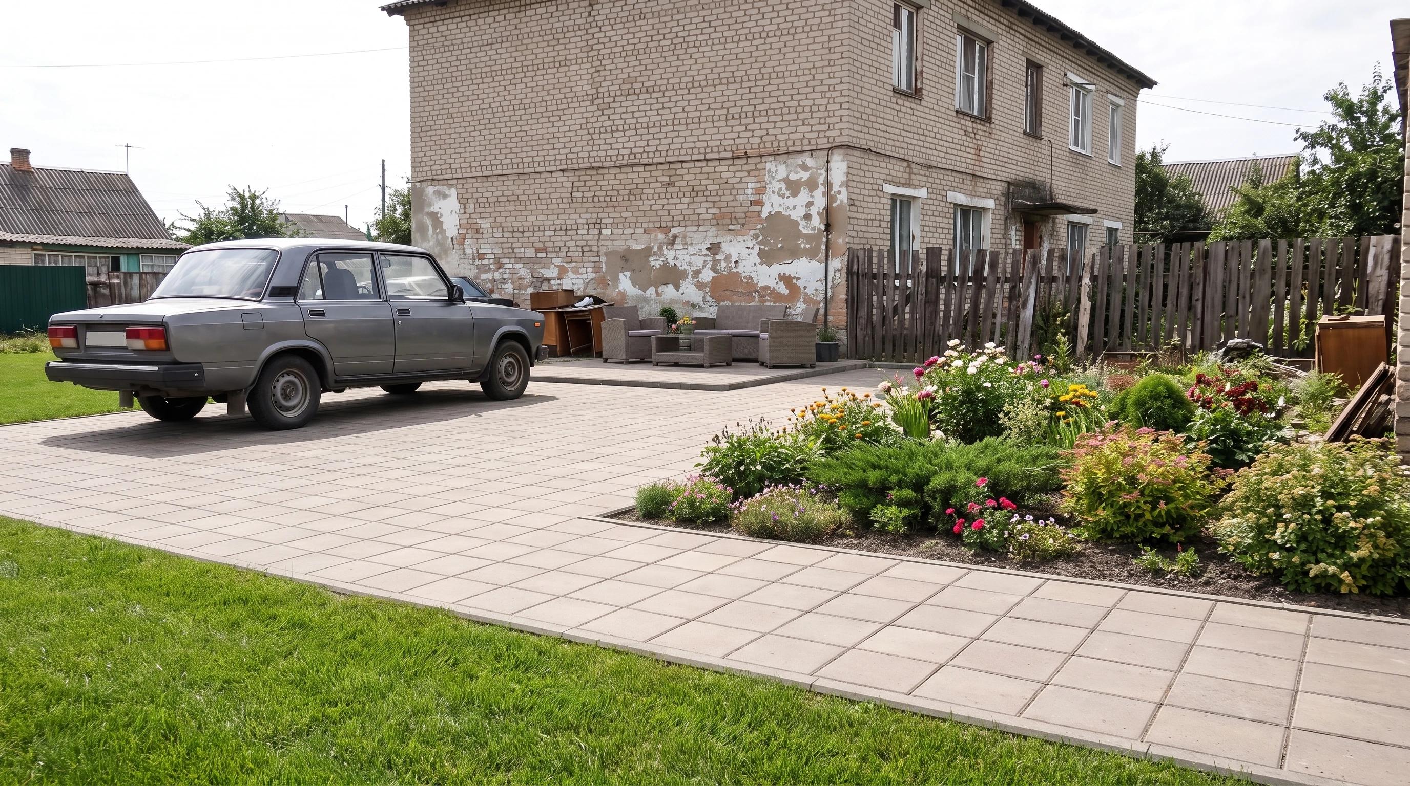 Дизайн двора частного дома Дизайн двора частного дома — фасад, AI-визуализация по фото