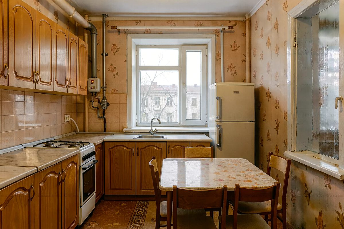 Исходное фото кухни в хрущёвке: газовая колонка с дымоходом на стене между шкафами и окном, мойка под окном, холодильник в углу справа, окно с матовым стеклом в смежное помещение