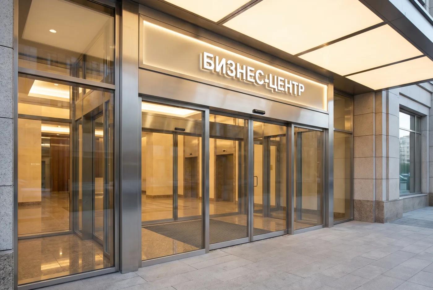 Входная группа бизнес-центра класса A — витраж, автодвери, Cyrillic вывеска Входная группа и лобби бизнес-центра — стеклянные автодвери, алюминий, вывеска БИЗНЕС-ЦЕНТР