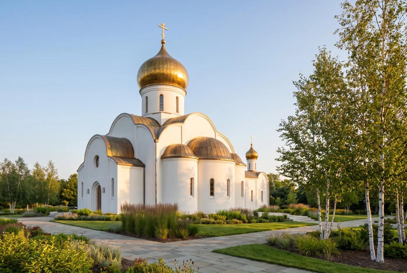 Современный православный храм Современный православный храм — белый минималистичный фасад, серебряный купол, AI-визуализация