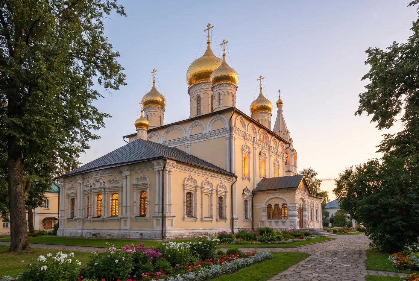 Колеровка фасада православного храма — тёплые охристые тона с белым декором Окрашенный православный храм — светло-жёлтый фасад с белыми наличниками и золотым куполом, AI-визуализация