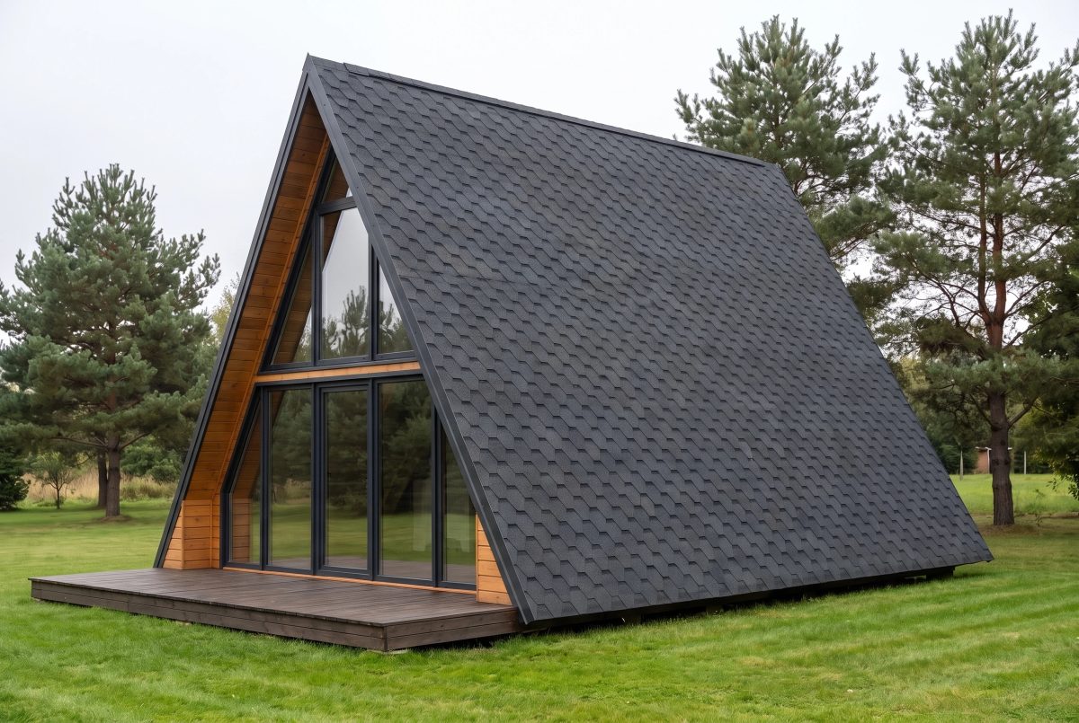 AI-визуализация фасада дома A-frame по фото — тёмная гибкая черепица на скатах, панорамный остеклённый фронтон, терраса