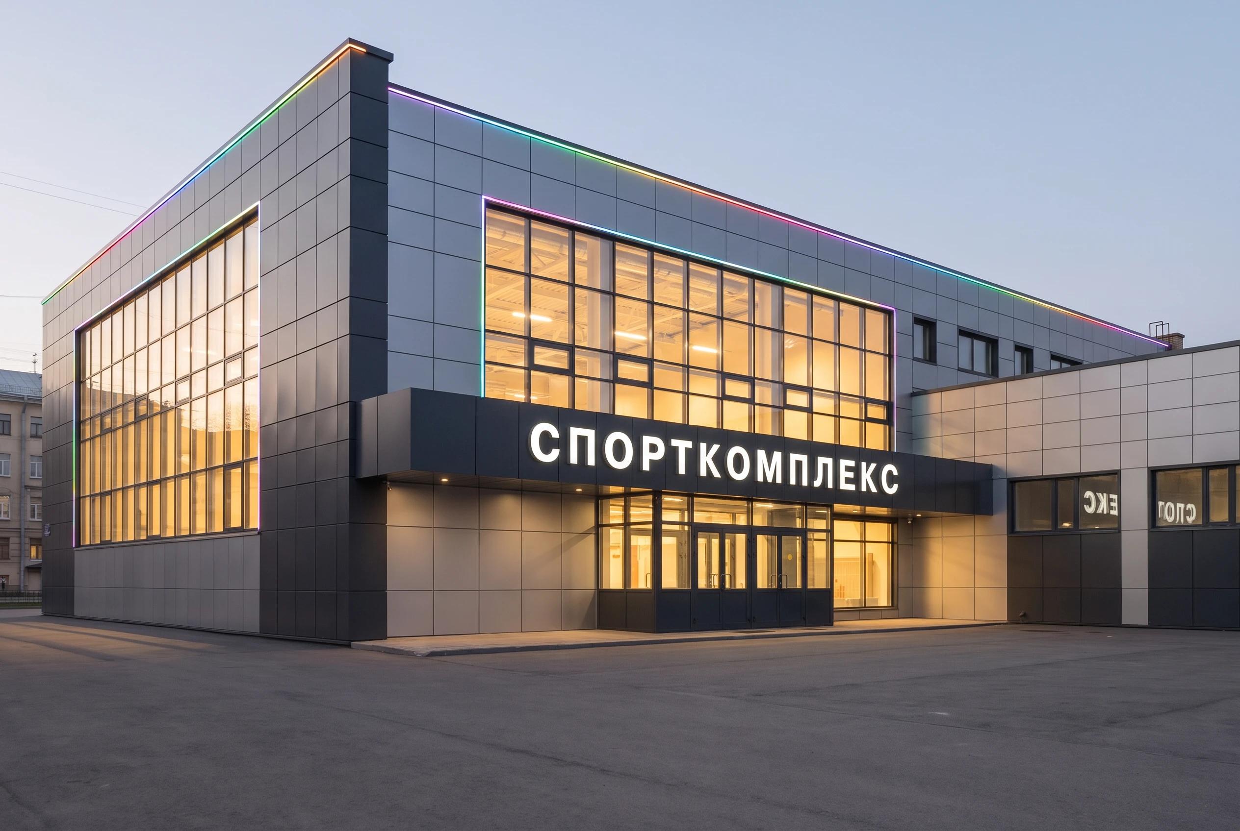 Фасад спортивного комплекса Фасад спортивного комплекса — фасад, AI-визуализация по фото