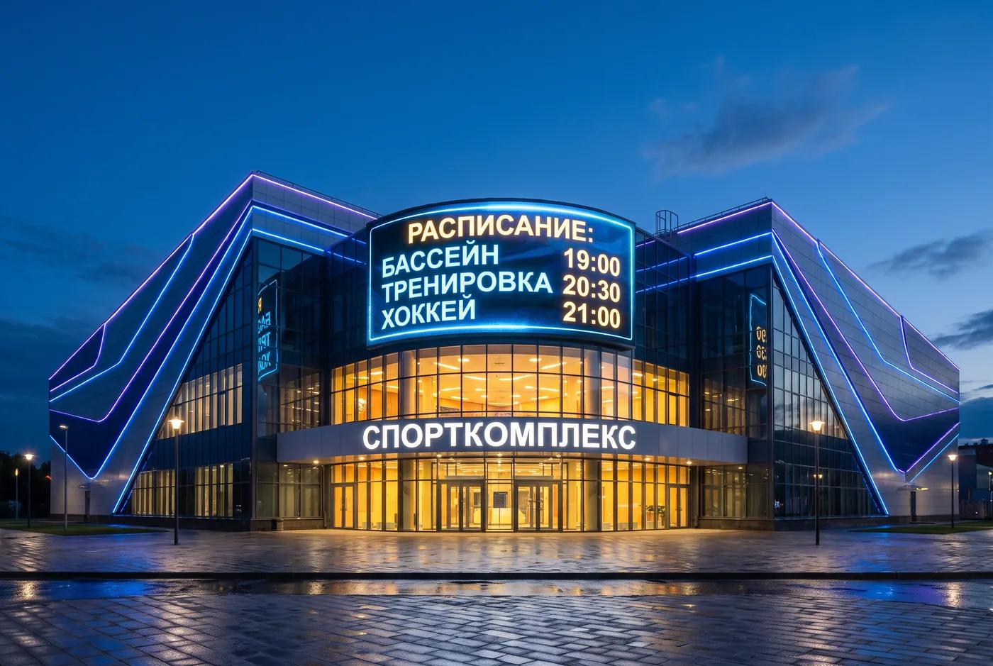 Спорткомплекс с медиафасадом и светодиодным табло — вечерний облик Современный спортивный комплекс с медиафасадом и табло — светодиодный экран с расписанием, контурная LED-подсветка, брендинг СПОРТКОМПЛЕКС, вечерний вид, AI-рендер