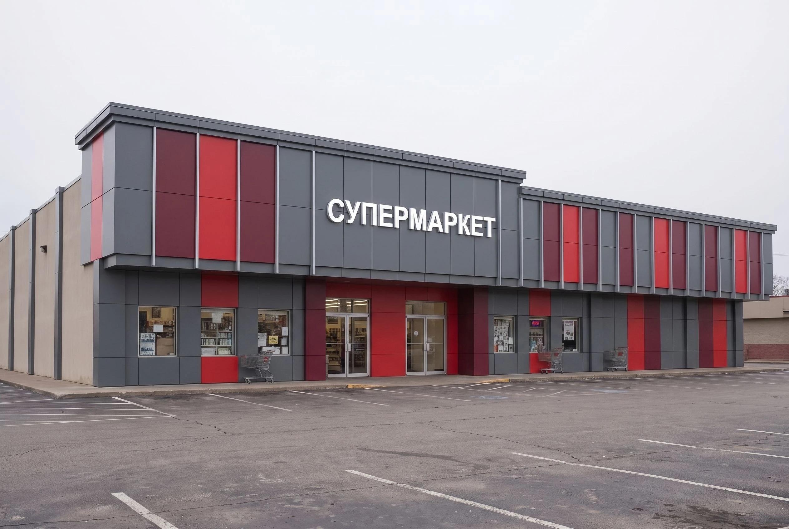Фасад супермаркета Фасад супермаркета — фасад, AI-визуализация по фото