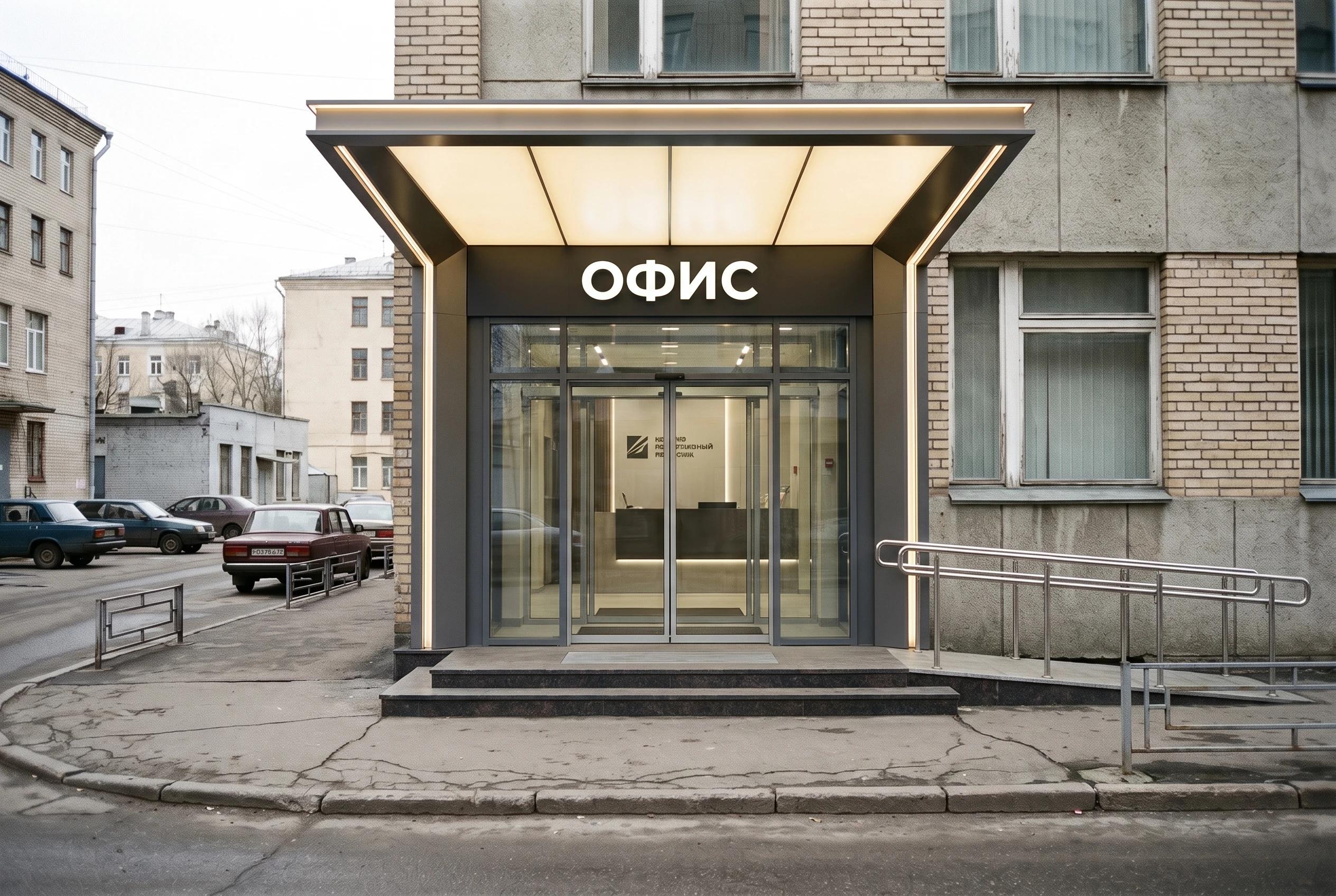 Входная группа офиса Входная группа офиса — фасад, AI-визуализация по фото