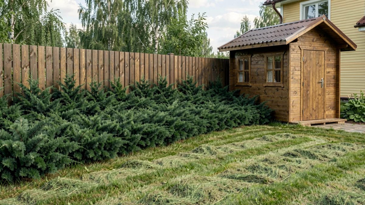 Казацкий можжевельник закрывает землю вдоль дальнего забора у хозпостройки