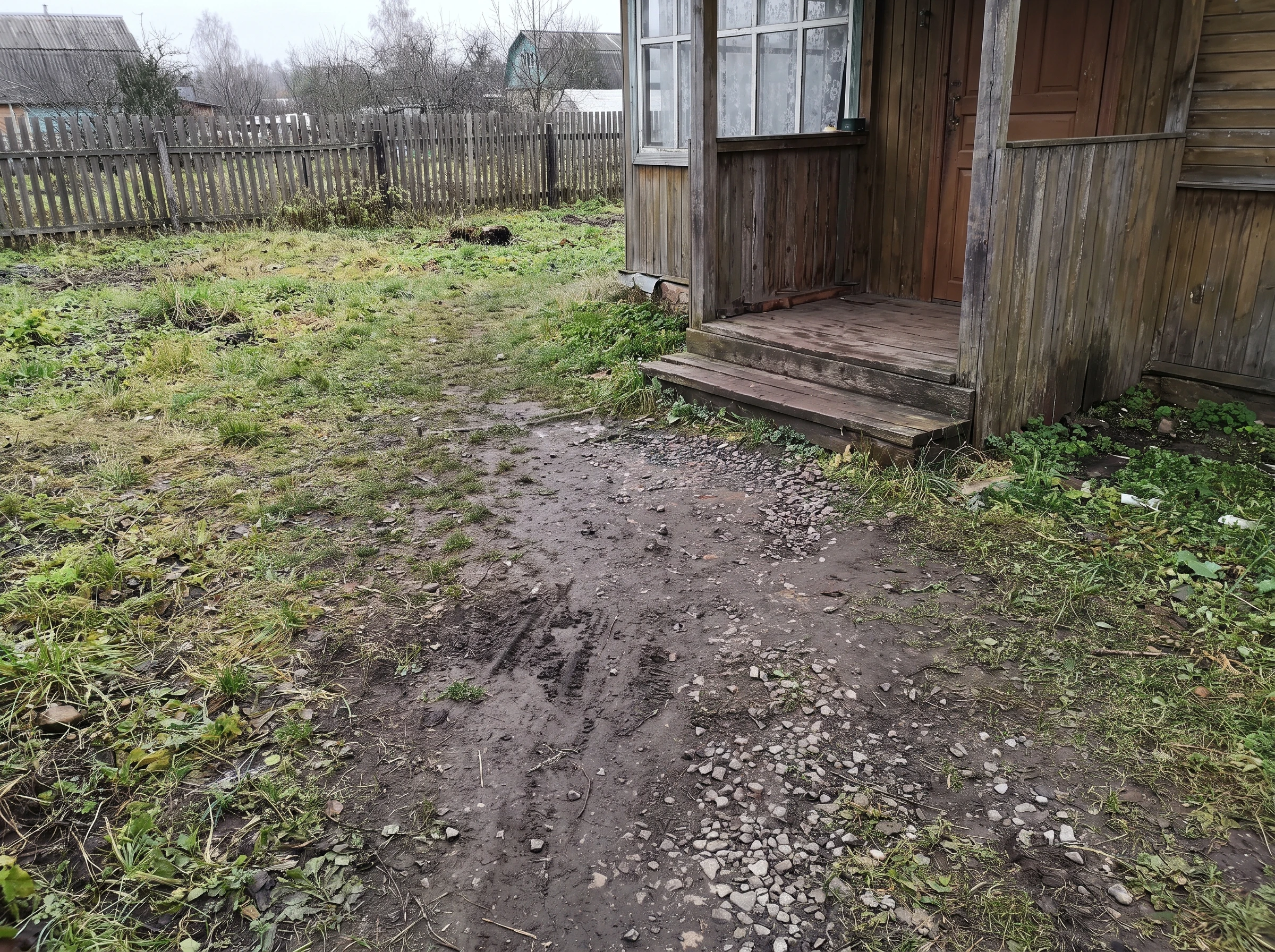 двор частного дома до благоустройства — грунт и грязь у крыльца