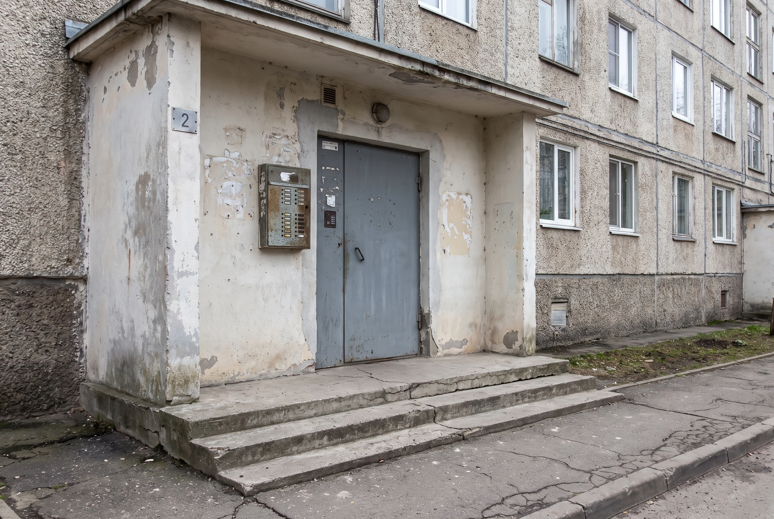 Входная зона подъезда МКД до ремонта — старые двери, облупленная штукатурка