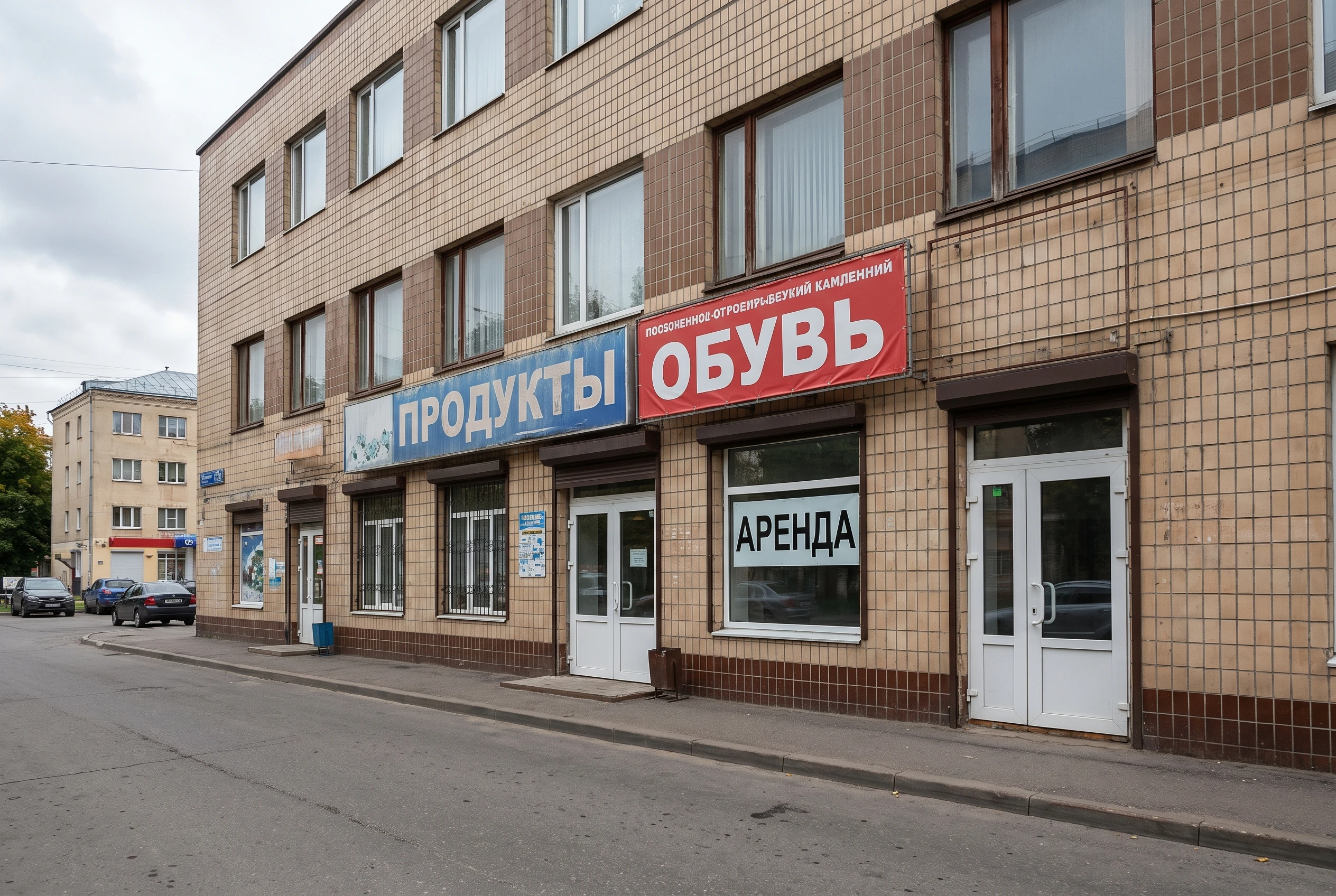 Коммерческое здание до реновации — обычный торговый объект с устаревшей плиточной облицовкой, разнобойными вывесками арендаторов