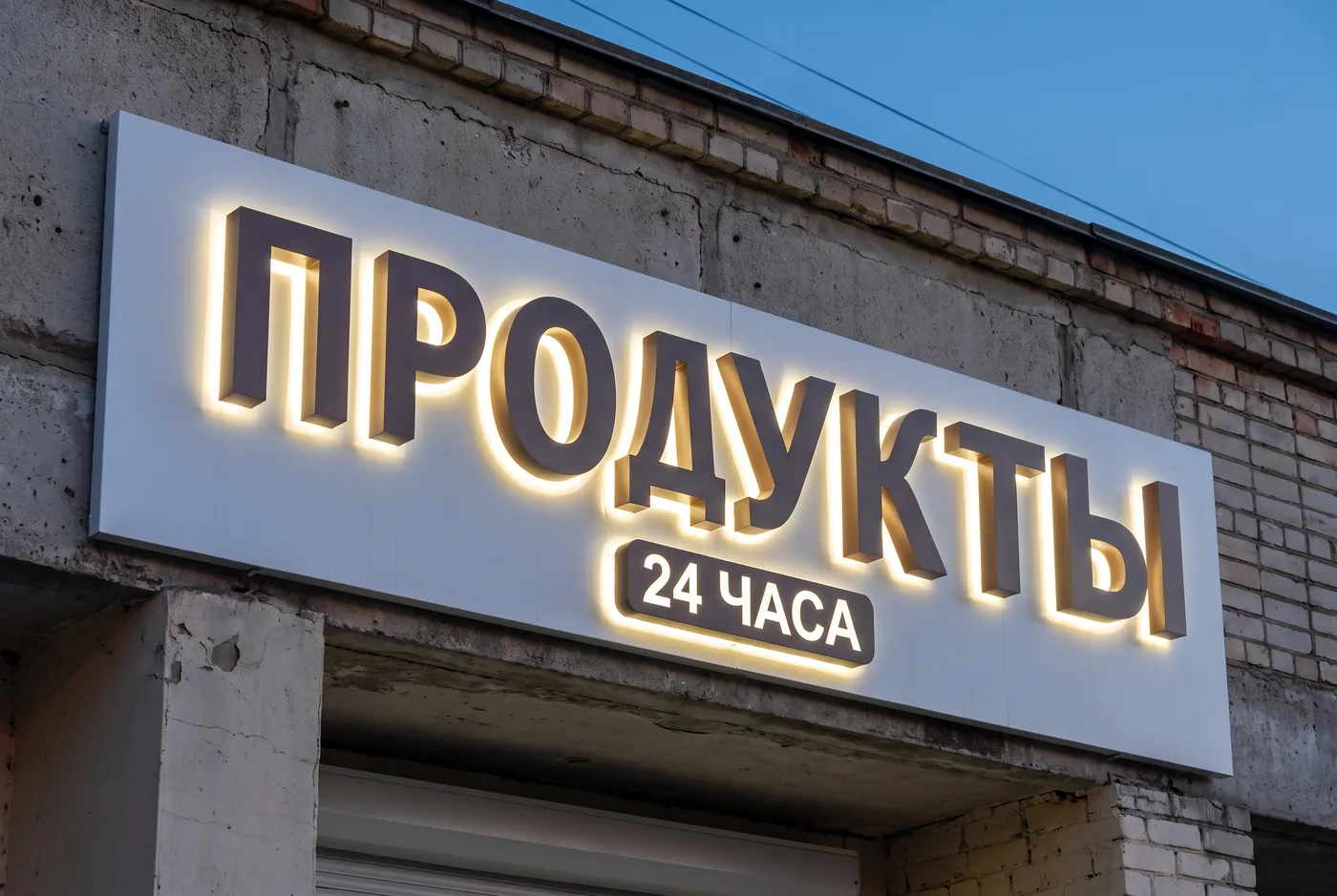 Подсвеченная вывеска ПРОДУКТЫ Подсвеченная вывеска ПРОДУКТЫ — фасад продуктового магазина крупным планом