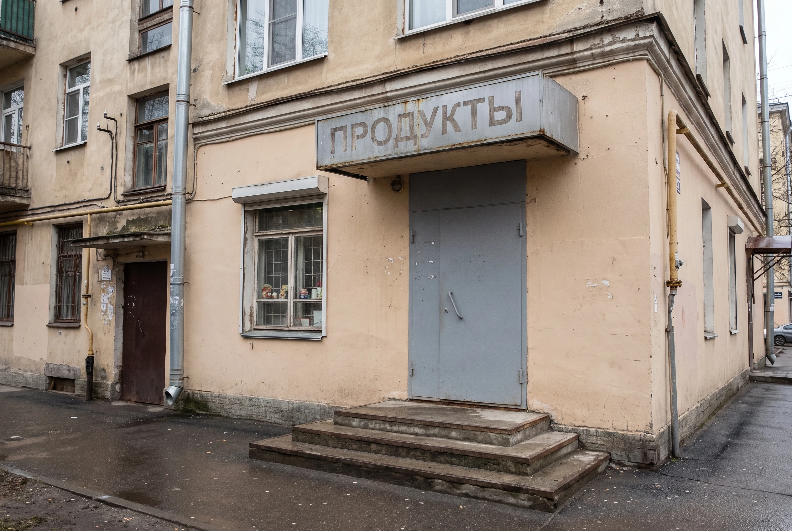 Продуктовый магазин на первом этаже жилого дома до ремонта — простая вывеска без подсветки