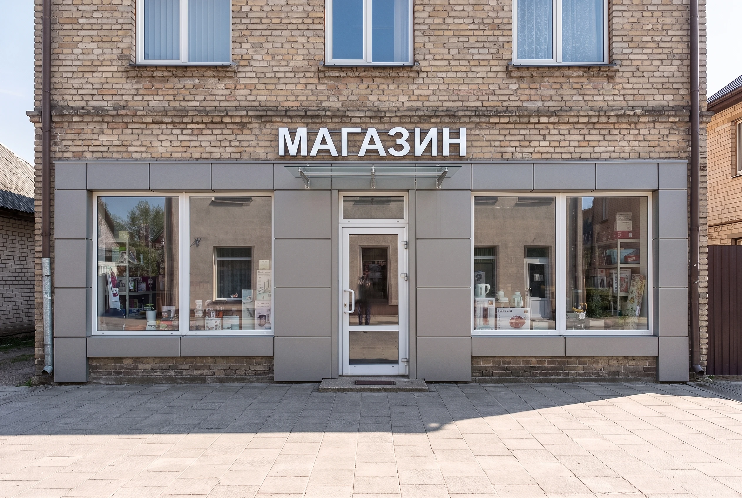 Современный коммерческий фасад с вывеской после AI-редизайна