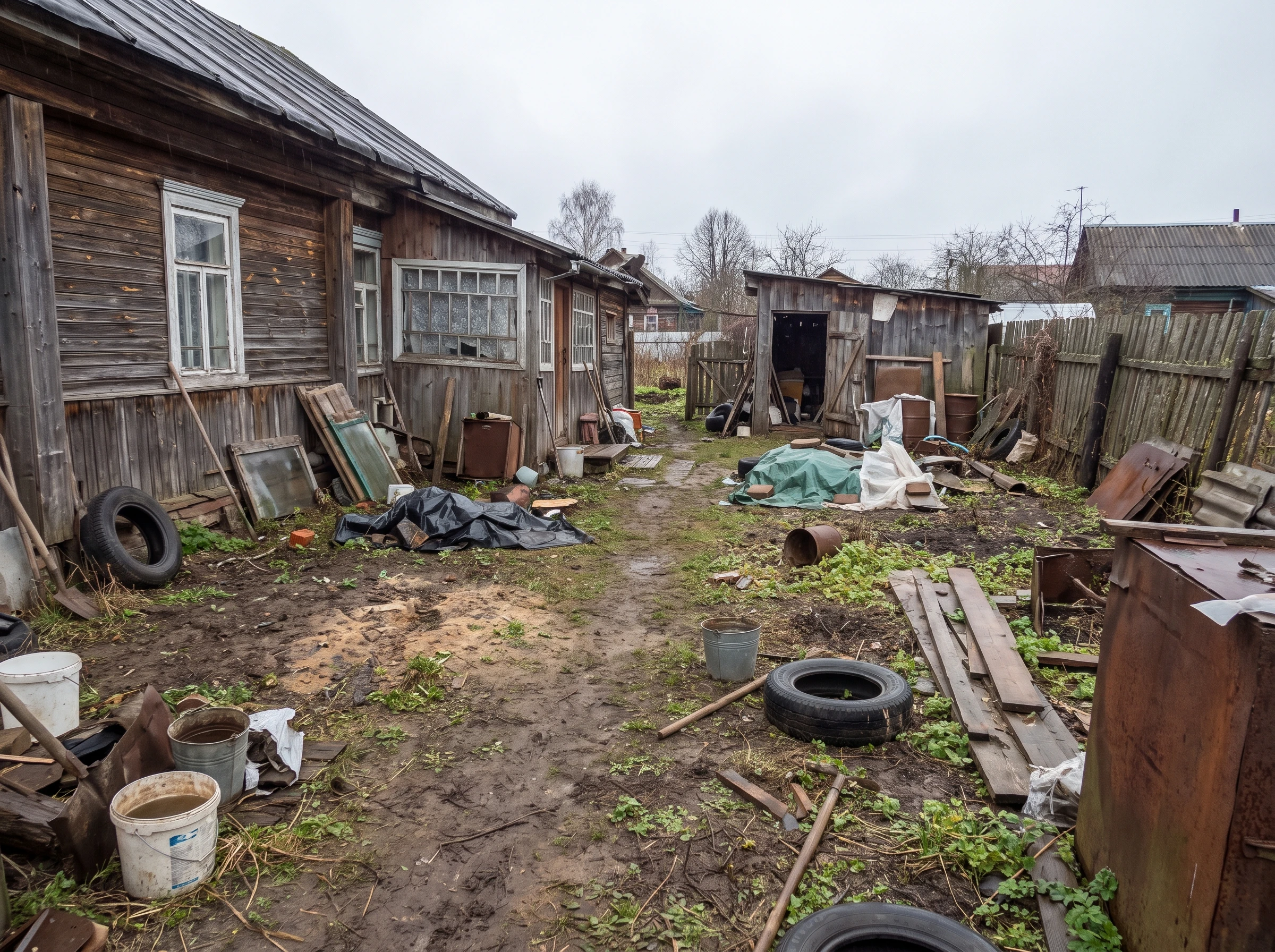 задний двор без зонирования до планировки — грунт и хаос