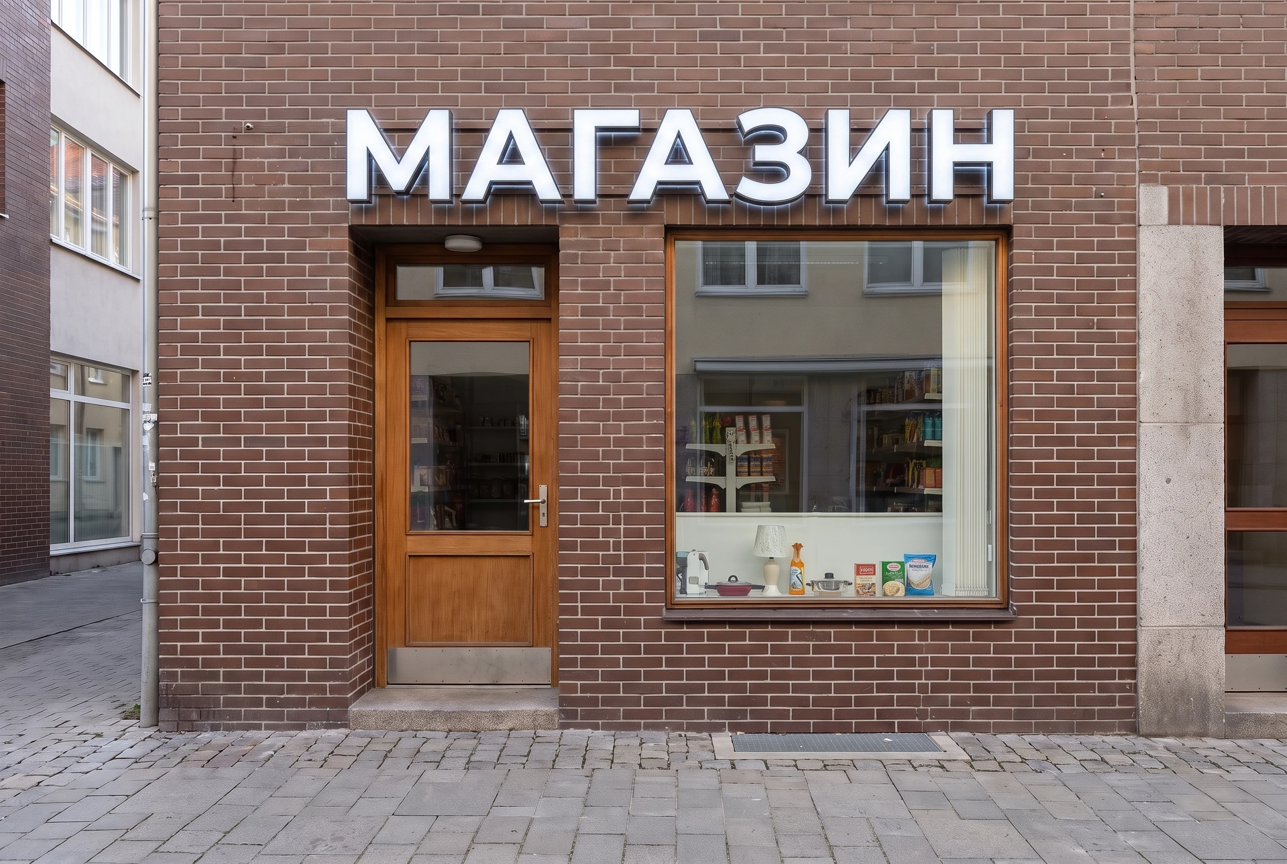 Тот же магазин с новой брендированной вывеской из объёмных световых букв — после AI-визуализации