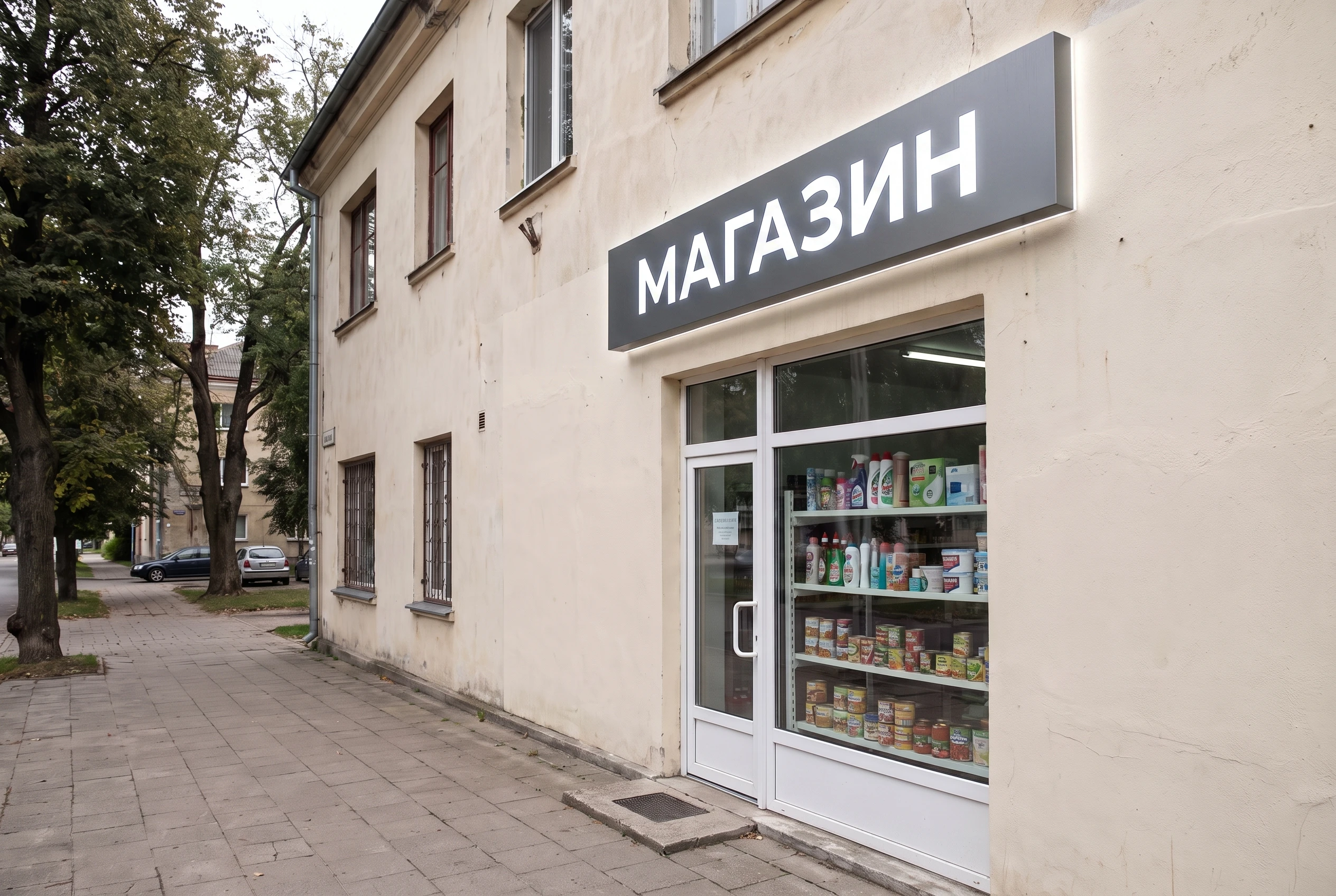 Тот же фасад с аккуратной современной настенной вывеской — AI-визуализация за 30 секунд